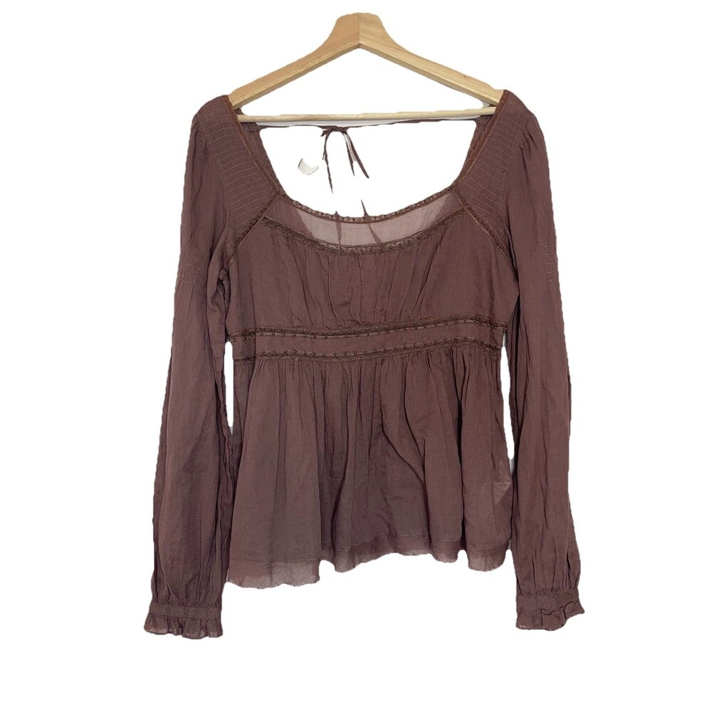 Free People Mauve-Brown Smocked Peasant Top